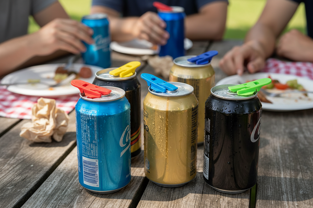 Multiple cans with colorful openers at outdoor gathering
