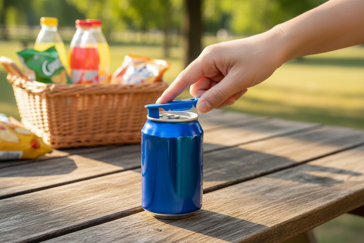 Person using blue can opener at outdoor picnic