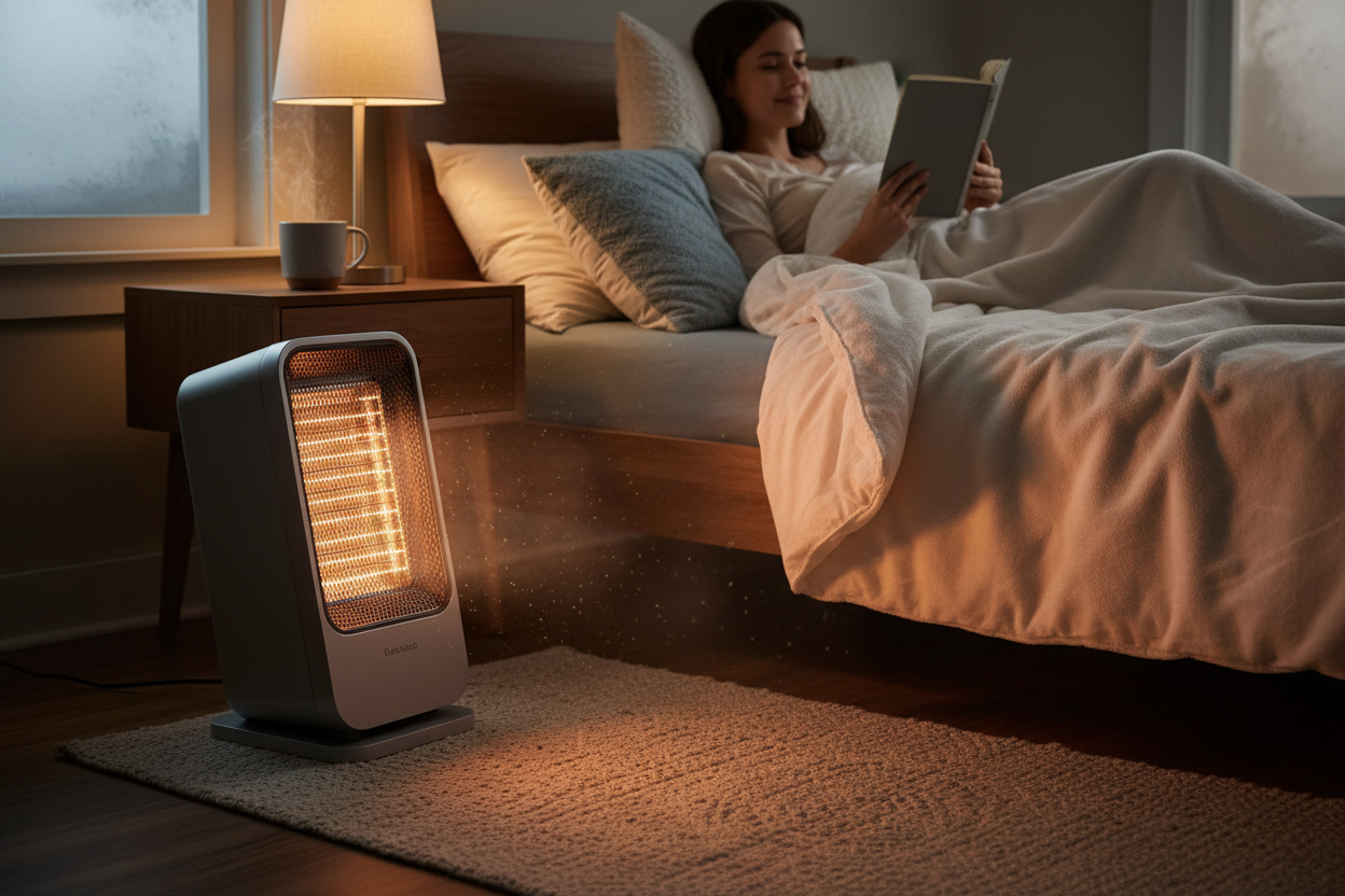 Compact heater creating warm atmosphere in bedroom