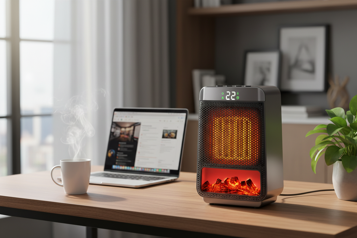 Space heater on desk in real home office setting
