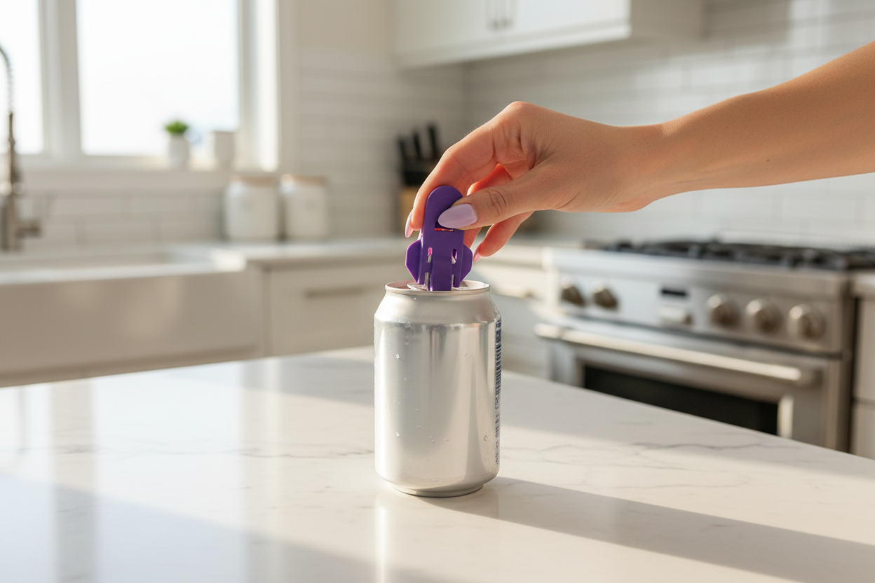 Woman with manicured nails using can opener in kitchen