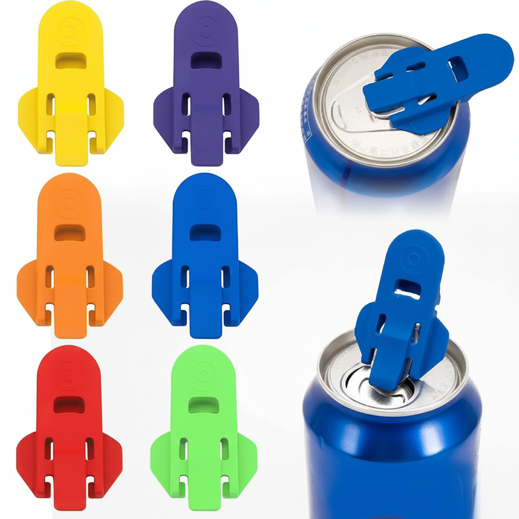 Set of 6 colorful can openers in yellow, purple, orange, blue, red, and green