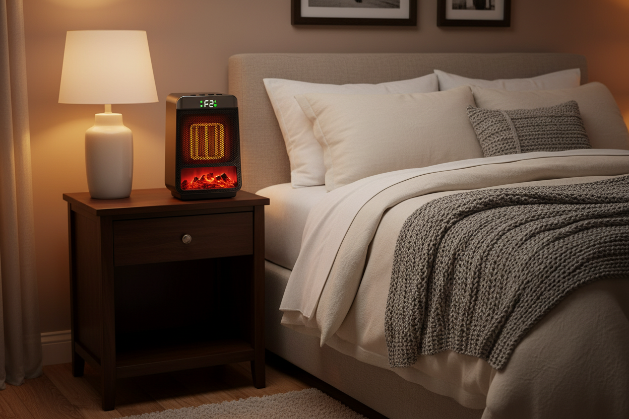 Space heater creating warm atmosphere in authentic bedroom
